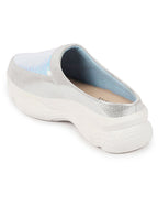 Women Silver Back Open Embellished Slip On Mules for Evening|Party Outfit|Ultra Soft Shoes with Anti Skid Sole