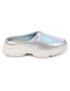 Women Silver Back Open Embellished Slip On Mules for Evening|Party Outfit|Ultra Soft Shoes with Anti Skid Sole