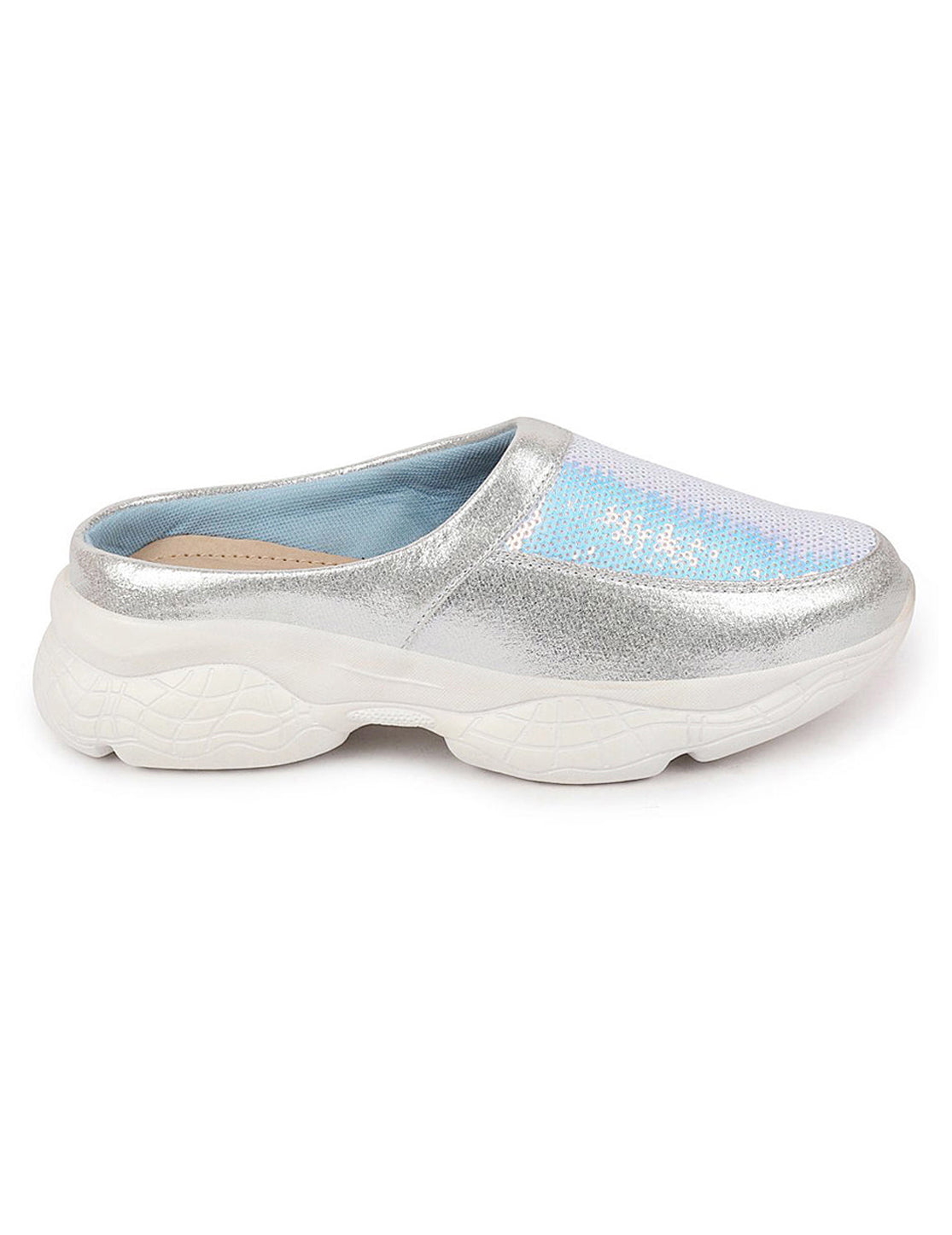 Women Silver Back Open Embellished Slip On Mules for Evening|Party Outfit|Ultra Soft Shoes with Anti Skid Sole