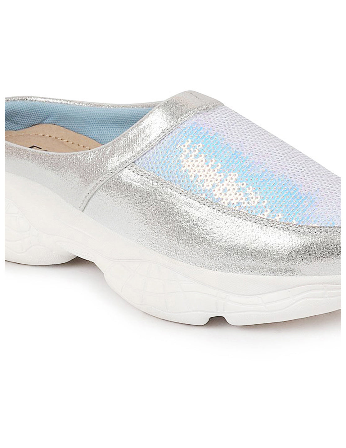 Women Silver Back Open Embellished Slip On Mules for Evening|Party Outfit|Ultra Soft Shoes with Anti Skid Sole