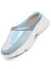 Women Sky Blue Back Open Embellished Slip On Mules