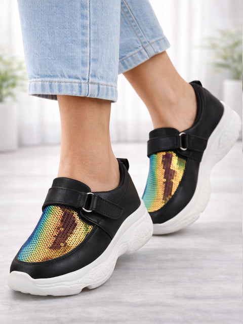 Shop Women Black Stylish Hook & Loop Sneakers Online.
