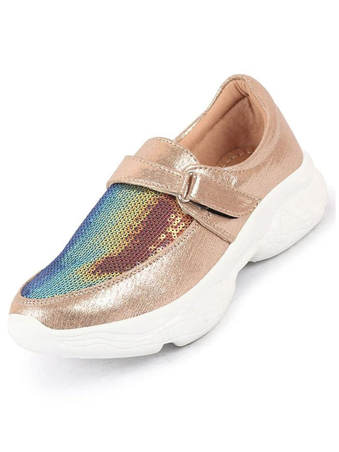 Shop Women Golden Stylish Hook & Loop Sneakers Online.