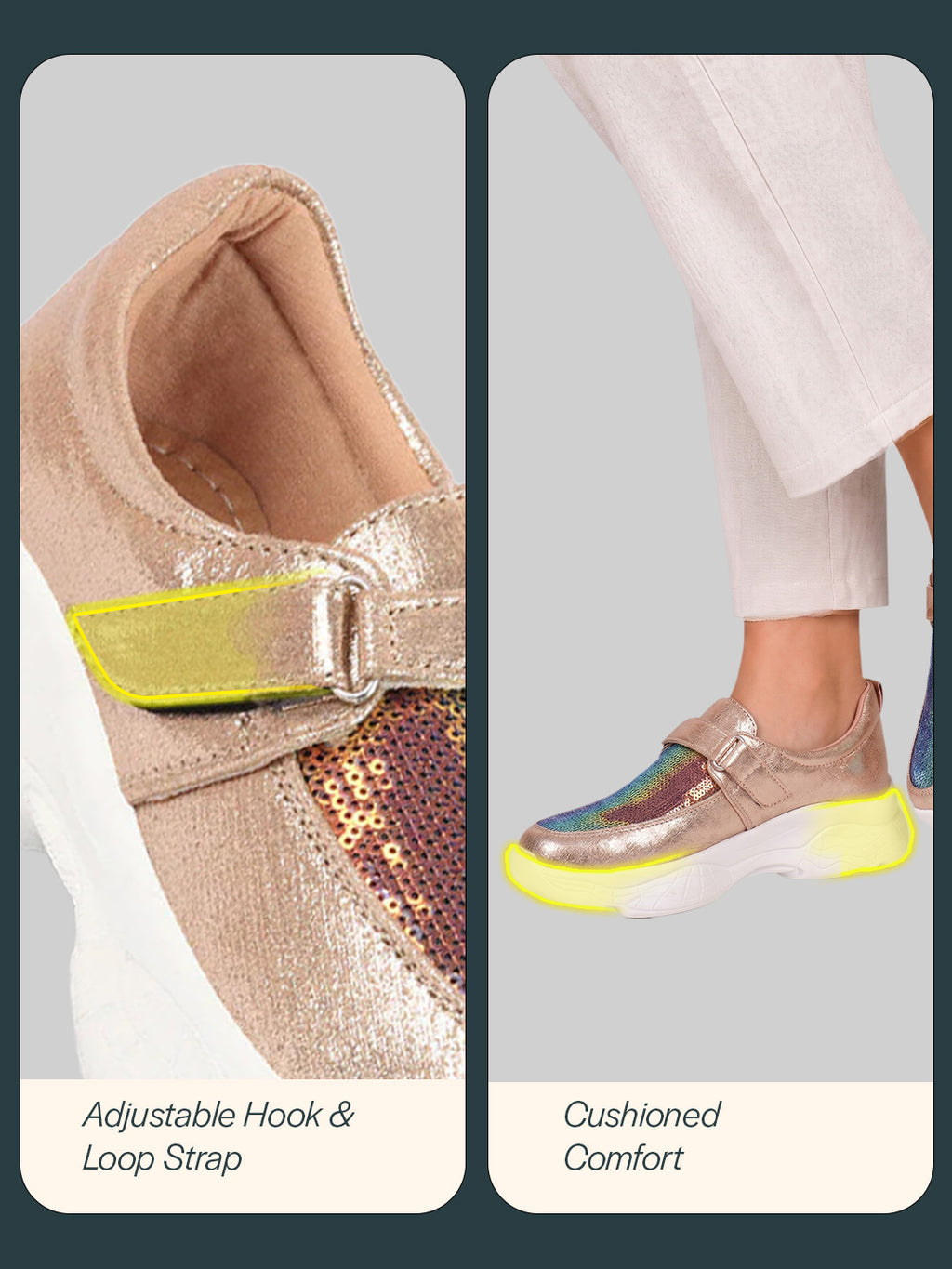 Women Golden Stylish Hook & Loop Sneakers