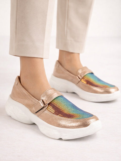 Shop Women Golden Stylish Hook & Loop Sneakers Online.
