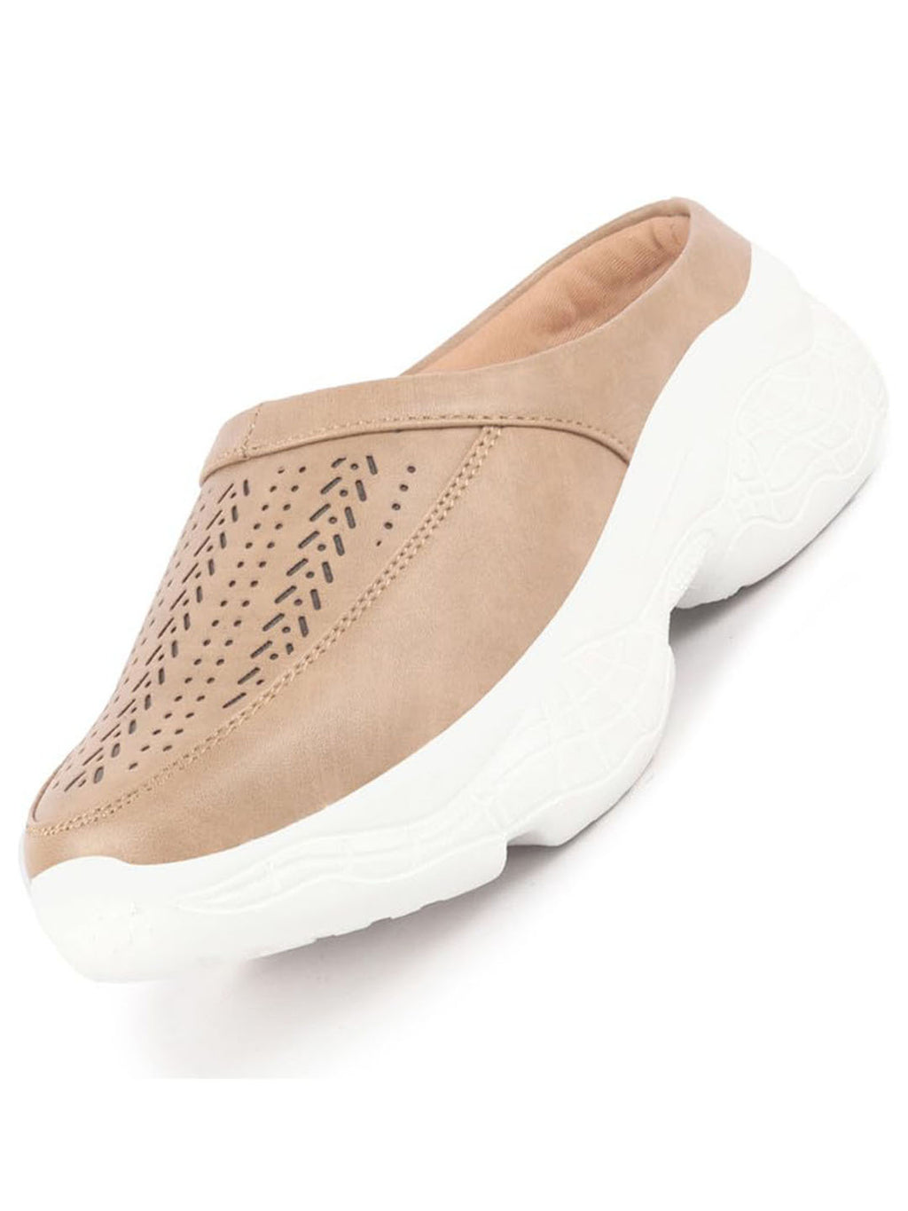 Women Beige Laser Cut Design Stitched Back Open Slip On Mules Shoes