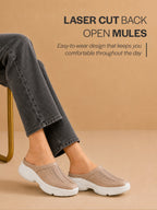 Women Beige Laser Cut Design Stitched Back Open Slip On Mules Shoes