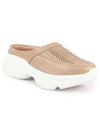 Women Beige Laser Cut Design Stitched Back Open Slip On Mules Shoes