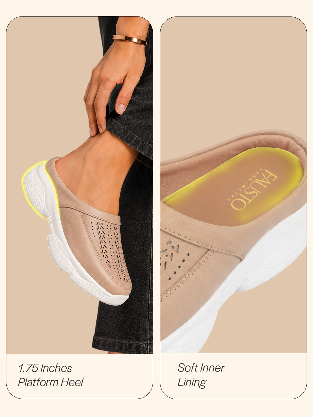 Women Beige Laser Cut Design Stitched Back Open Slip On Mules Shoes