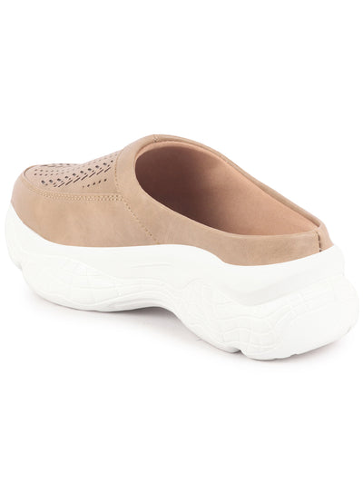 Women Beige Laser Cut Design Stitched Back Open Slip On Mules Shoes