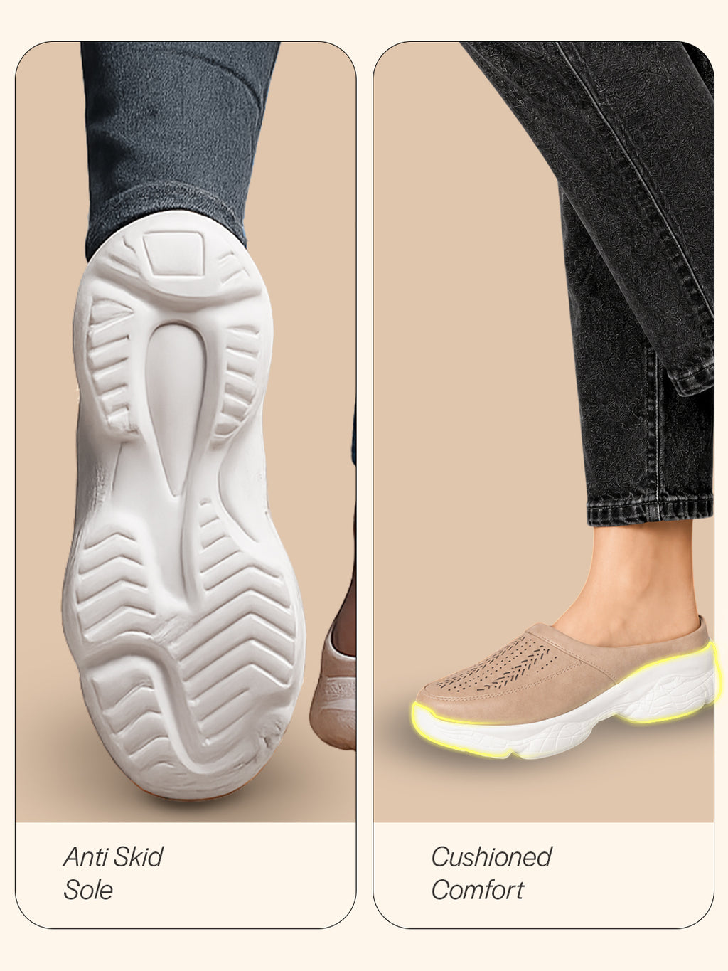 Women Beige Laser Cut Design Stitched Back Open Slip On Mules Shoes