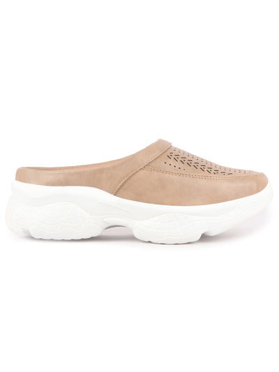 Women Beige Laser Cut Design Stitched Back Open Slip On Mules Shoes