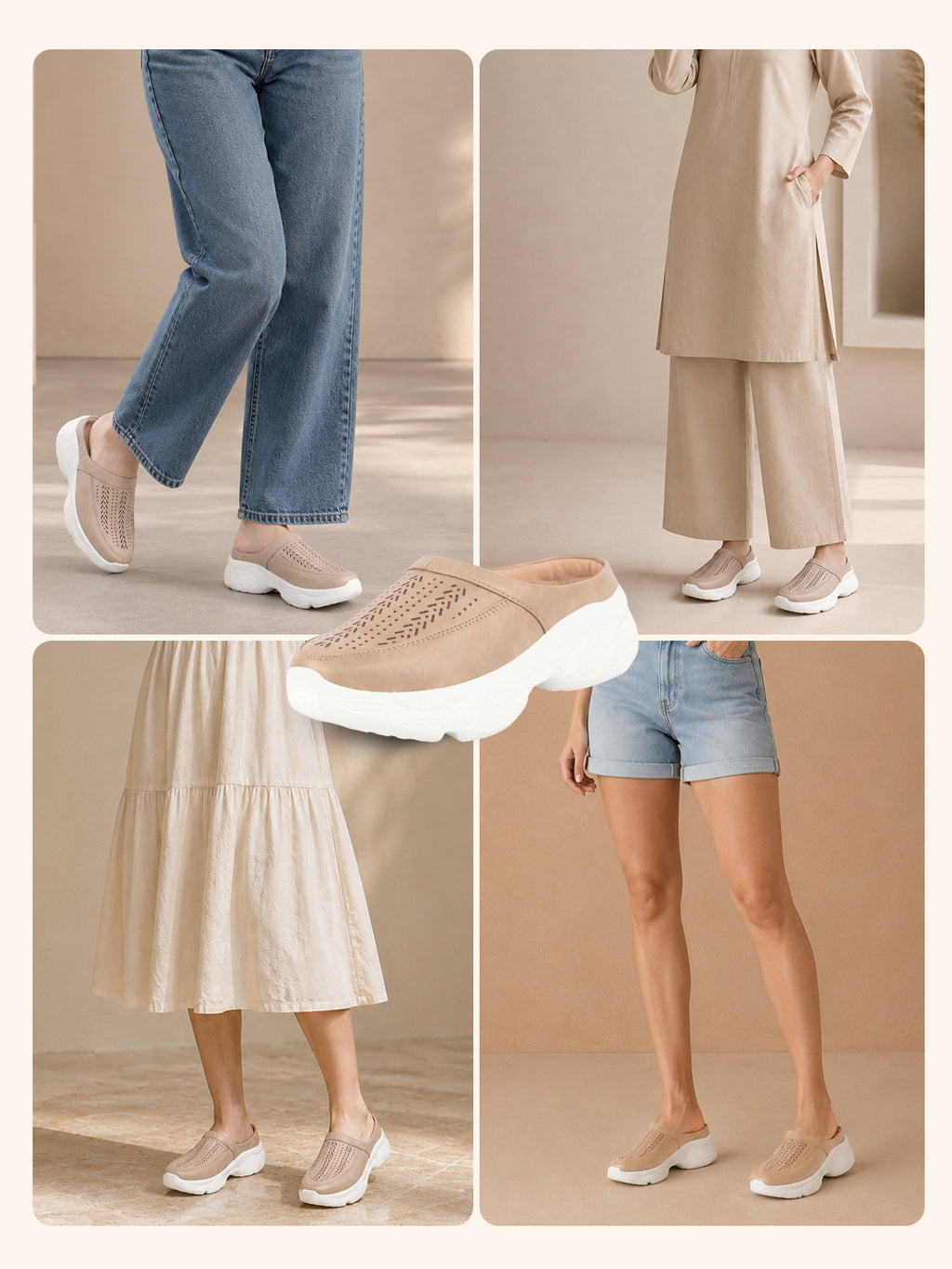 Women Beige Laser Cut Design Stitched Back Open Slip On Mules Shoes