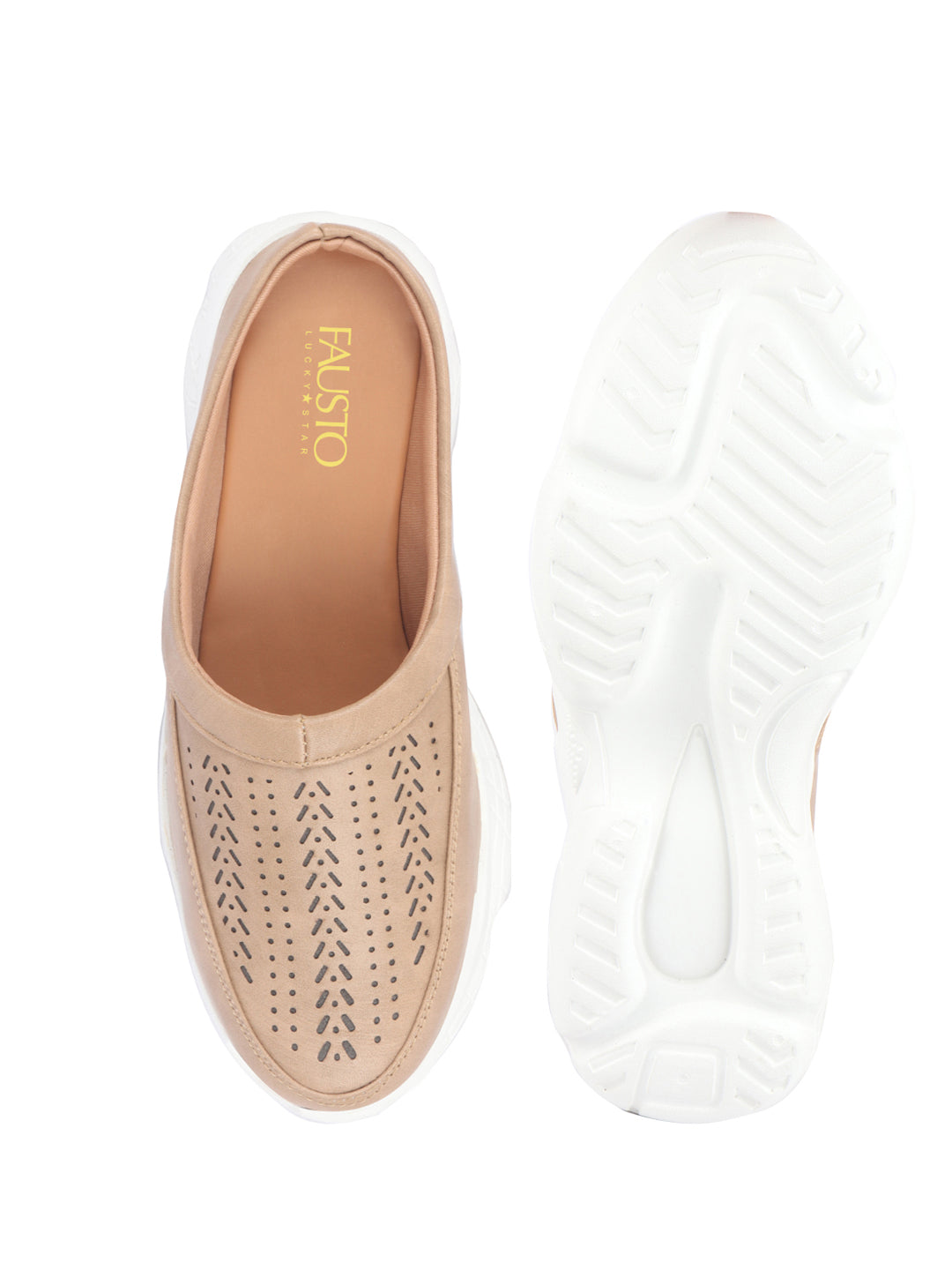 Women Beige Laser Cut Design Stitched Back Open Slip On Mules Shoes