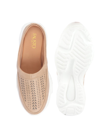 Women Beige Laser Cut Design Stitched Back Open Slip On Mules Shoes