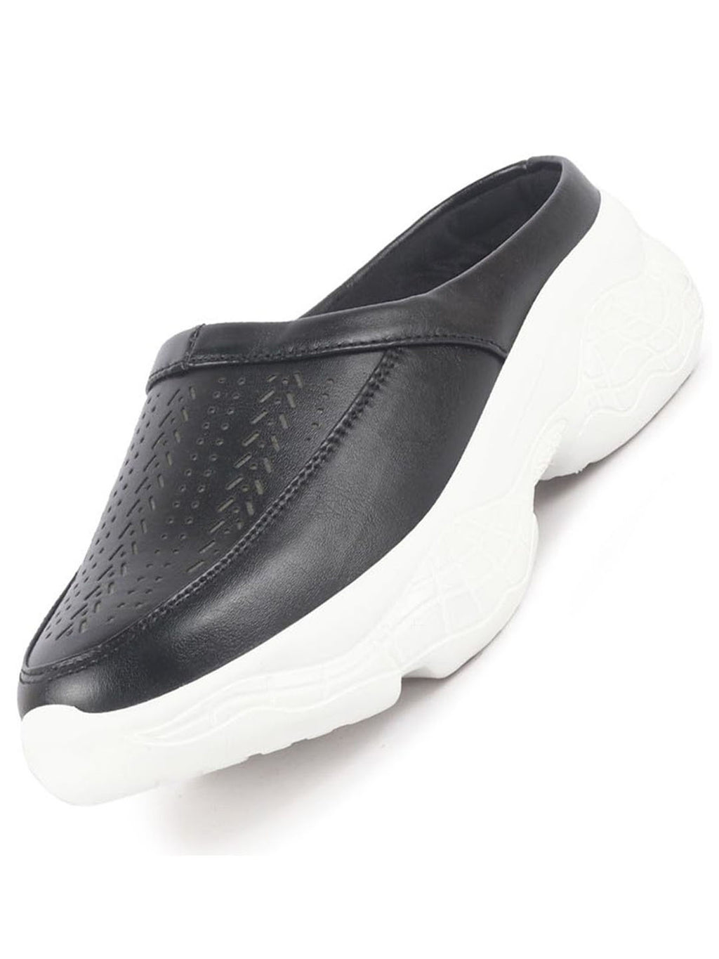 Women Black Laser Cut Design Stitched Back Open Slip On Mules Shoes