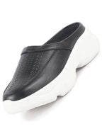 Women Black Laser Cut Design Stitched Back Open Slip On Mules Shoes