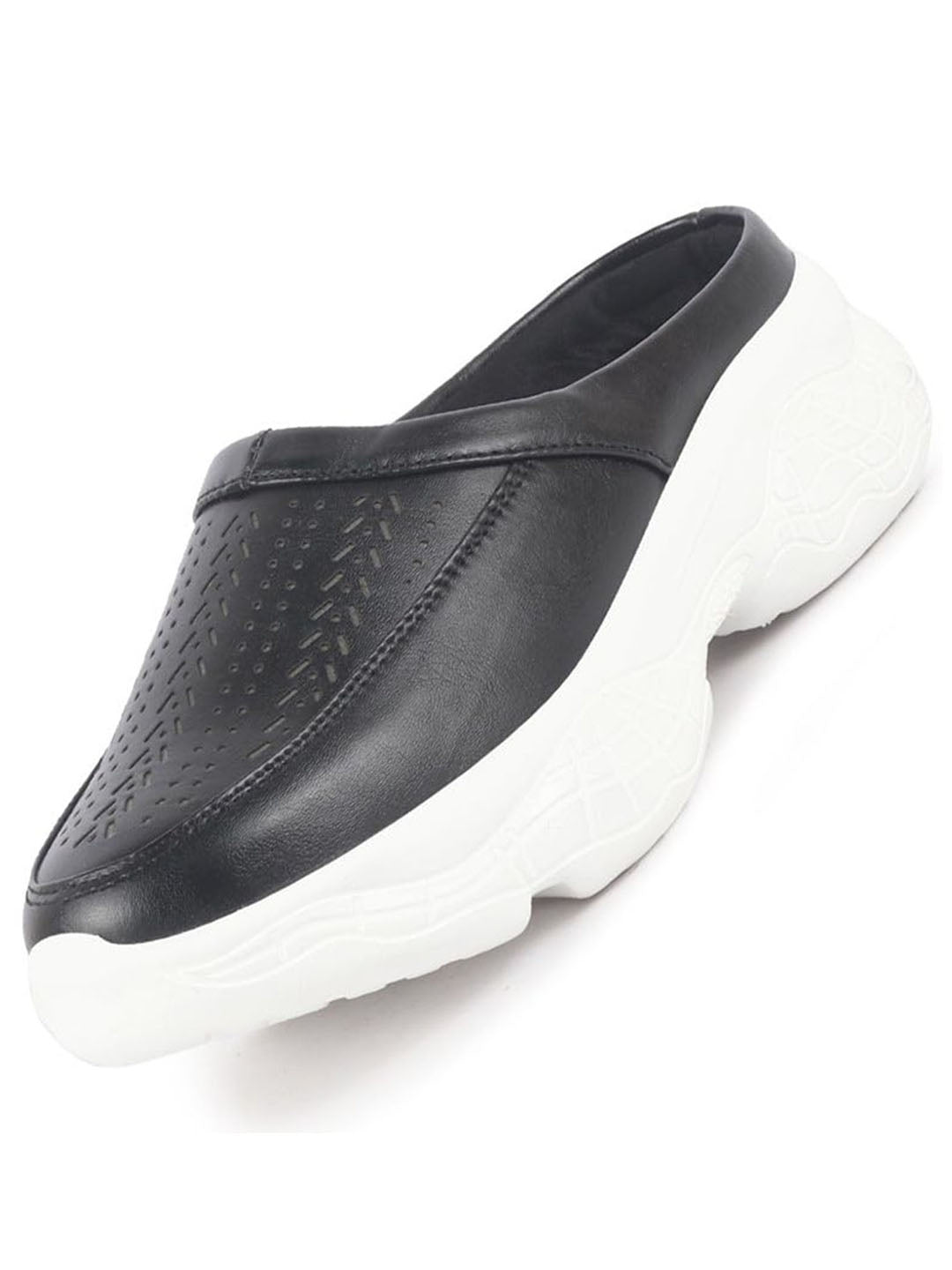 Women Black Laser Cut Design Stitched Back Open Slip On Mules Shoes