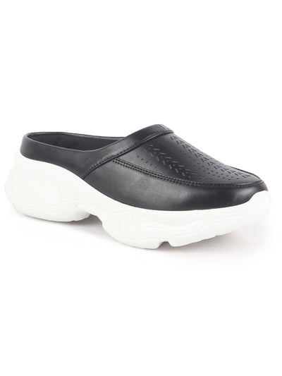 Women Black Laser Cut Design Stitched Back Open Slip On Mules Shoes