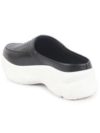 Women Black Laser Cut Design Stitched Back Open Slip On Mules Shoes