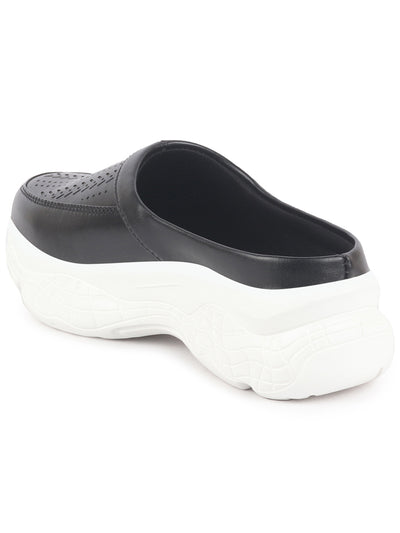 Women Black Laser Cut Design Stitched Back Open Slip On Mules Shoes