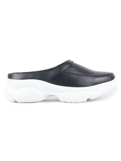 Women Black Laser Cut Design Stitched Back Open Slip On Mules Shoes