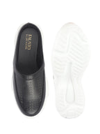 Women Black Laser Cut Design Stitched Back Open Slip On Mules Shoes