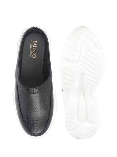 Women Black Laser Cut Design Stitched Back Open Slip On Mules Shoes