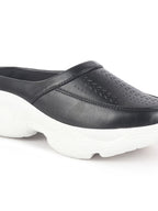 Women Black Laser Cut Design Stitched Back Open Slip On Mules Shoes