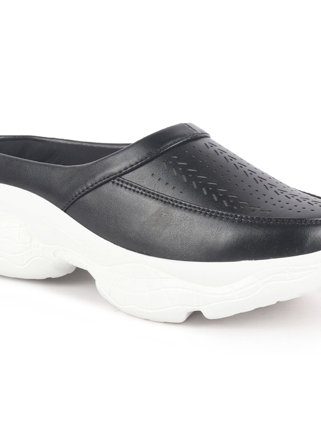 Women Black Laser Cut Design Stitched Back Open Slip On Mules Shoes