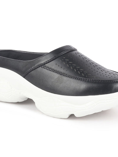 Women Black Laser Cut Design Stitched Back Open Slip On Mules Shoes