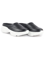 Women Black Laser Cut Design Stitched Back Open Slip On Mules Shoes