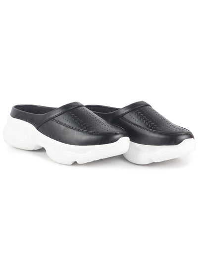 Women Black Laser Cut Design Stitched Back Open Slip On Mules Shoes