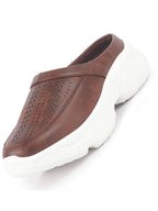 Shop Women Brown Laser Cut Design Stitched Back Open Slip On Mules Shoes Online.