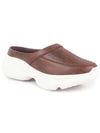 Women Brown Laser Cut Design Stitched Back Open Slip On Mules Shoes