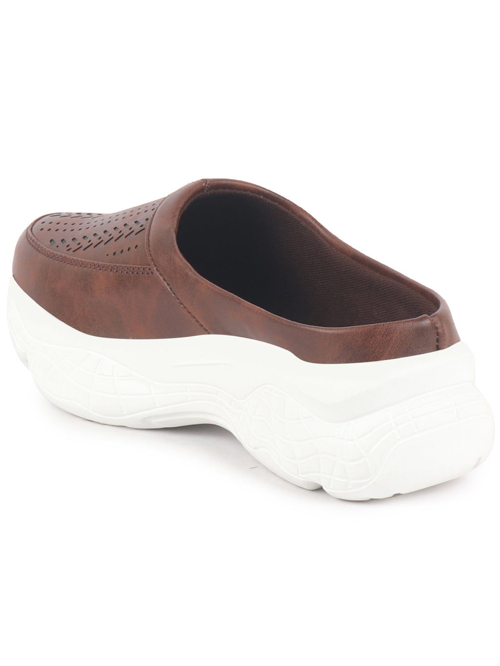 Shop Women Brown Laser Cut Design Stitched Back Open Slip On Mules Shoes Online.