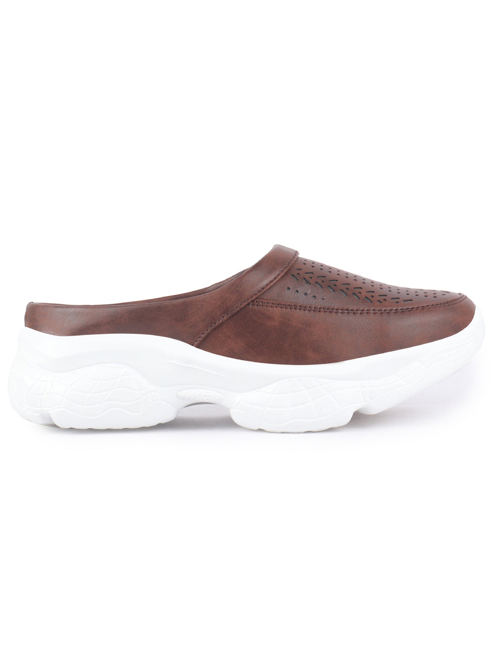 Shop Women Brown Laser Cut Design Stitched Back Open Slip On Mules Shoes Online.