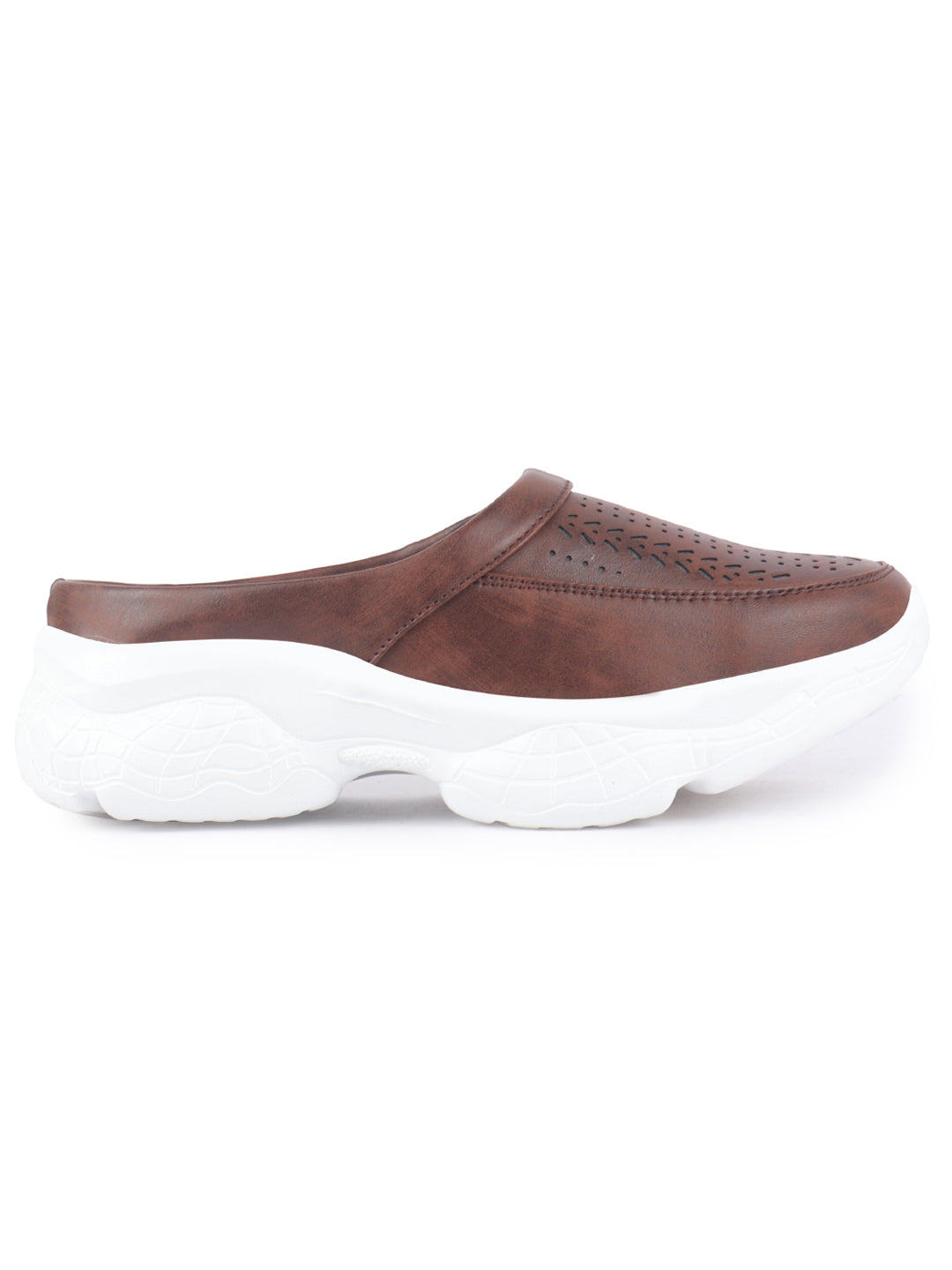 Shop Women Brown Laser Cut Design Stitched Back Open Slip On Mules Shoes Online.