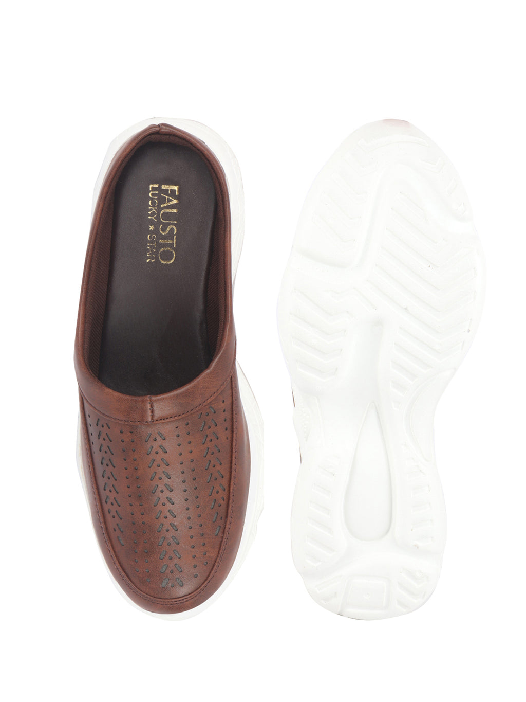 Shop Women Brown Laser Cut Design Stitched Back Open Slip On Mules Shoes Online.