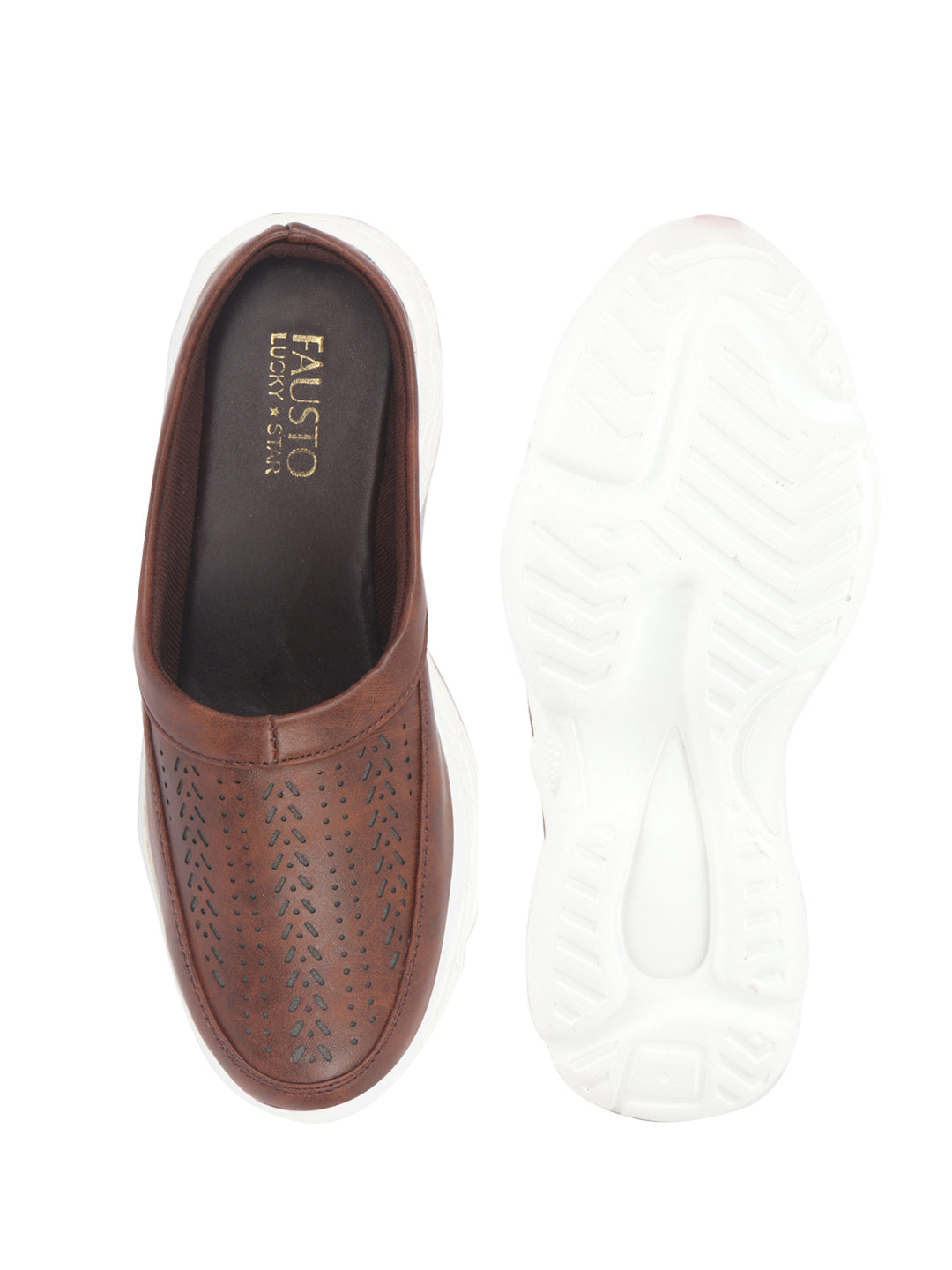 Shop Women Brown Laser Cut Design Stitched Back Open Slip On Mules Shoes Online.