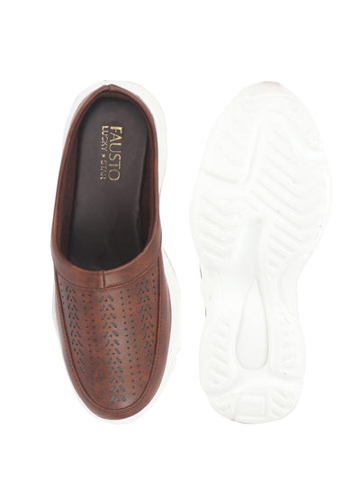 Women Brown Laser Cut Design Stitched Back Open Slip On Mules Shoes