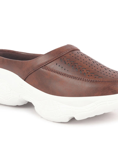 Women Brown Laser Cut Design Stitched Back Open Slip On Mules Shoes