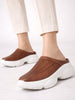 Women Brown Laser Cut Design Stitched Back Open Slip On Mules Shoes