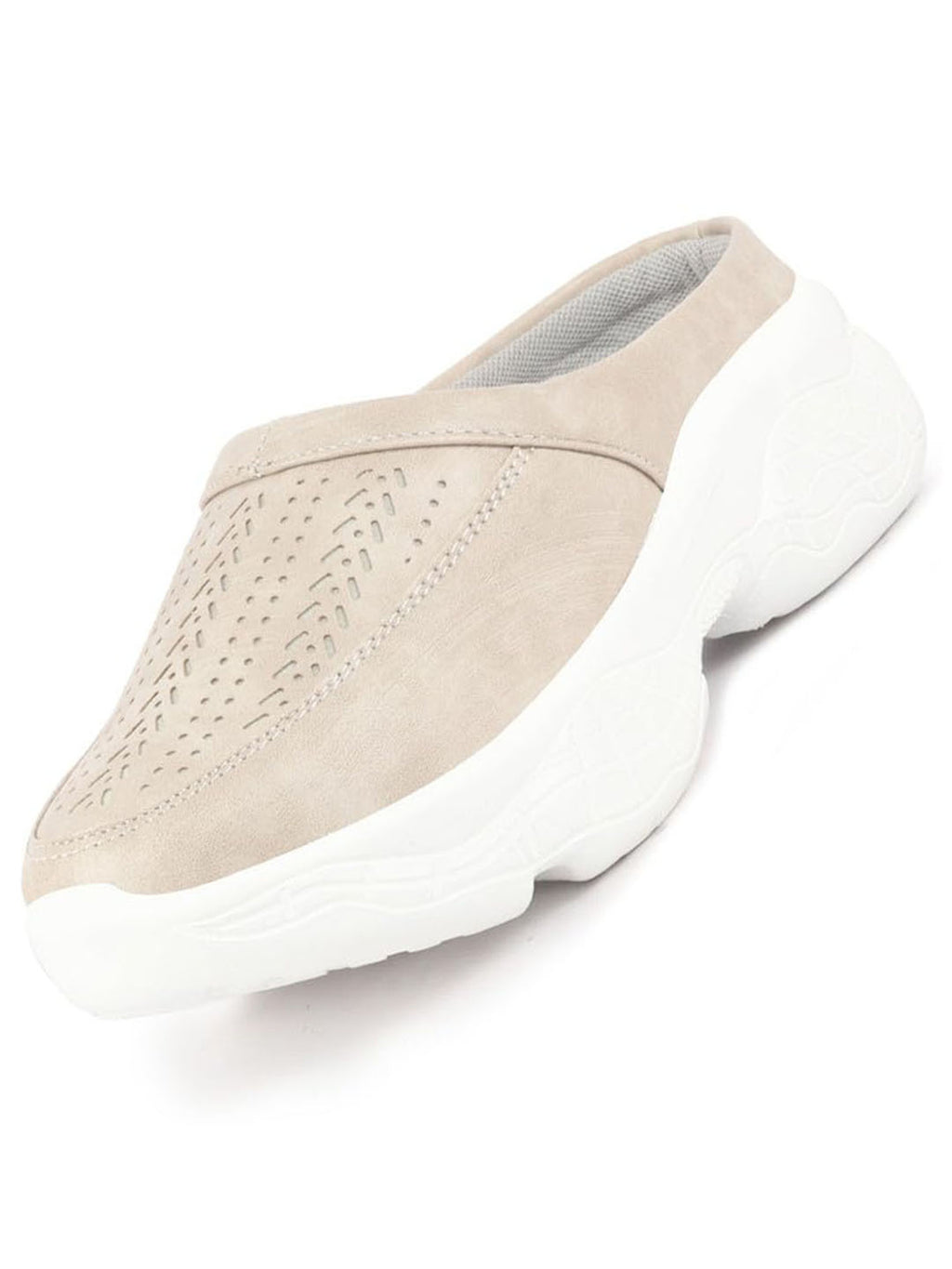 women cream laser cut design stitched back open slip on mules shoes