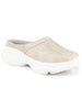 Women Cream Laser Cut Design Stitched Back Open Slip On Mules Shoes