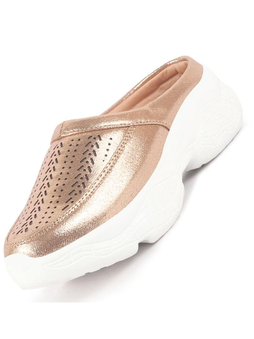 Women Golden Laser Cut Design Stitched Back Open Slip On Mules Shoes
