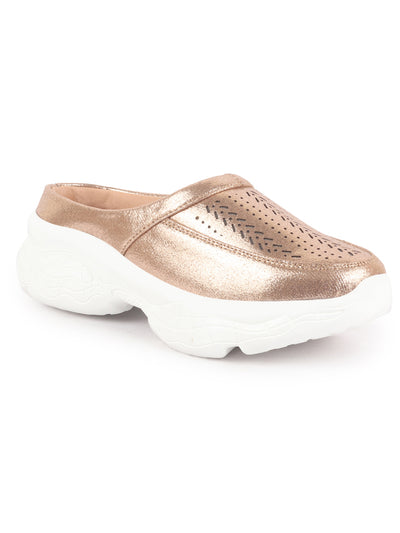 Women Golden Laser Cut Design Stitched Back Open Slip On Mules Shoes