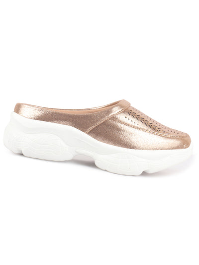 Women Golden Laser Cut Design Stitched Back Open Slip On Mules Shoes