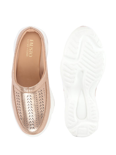 Women Golden Laser Cut Design Stitched Back Open Slip On Mules Shoes