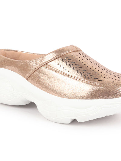 Women Golden Laser Cut Design Stitched Back Open Slip On Mules Shoes